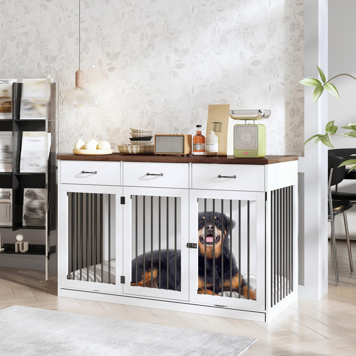DAWNSPACES Extra Large Dog Crate Furniture with 3 Drawers, 55.3" Indoor Heavy Duty Dog Kennel House, Furniture Style Dog Crate Side End Table TV Stand for XL Large Medium Breed Dogs, White DAWNSPACES