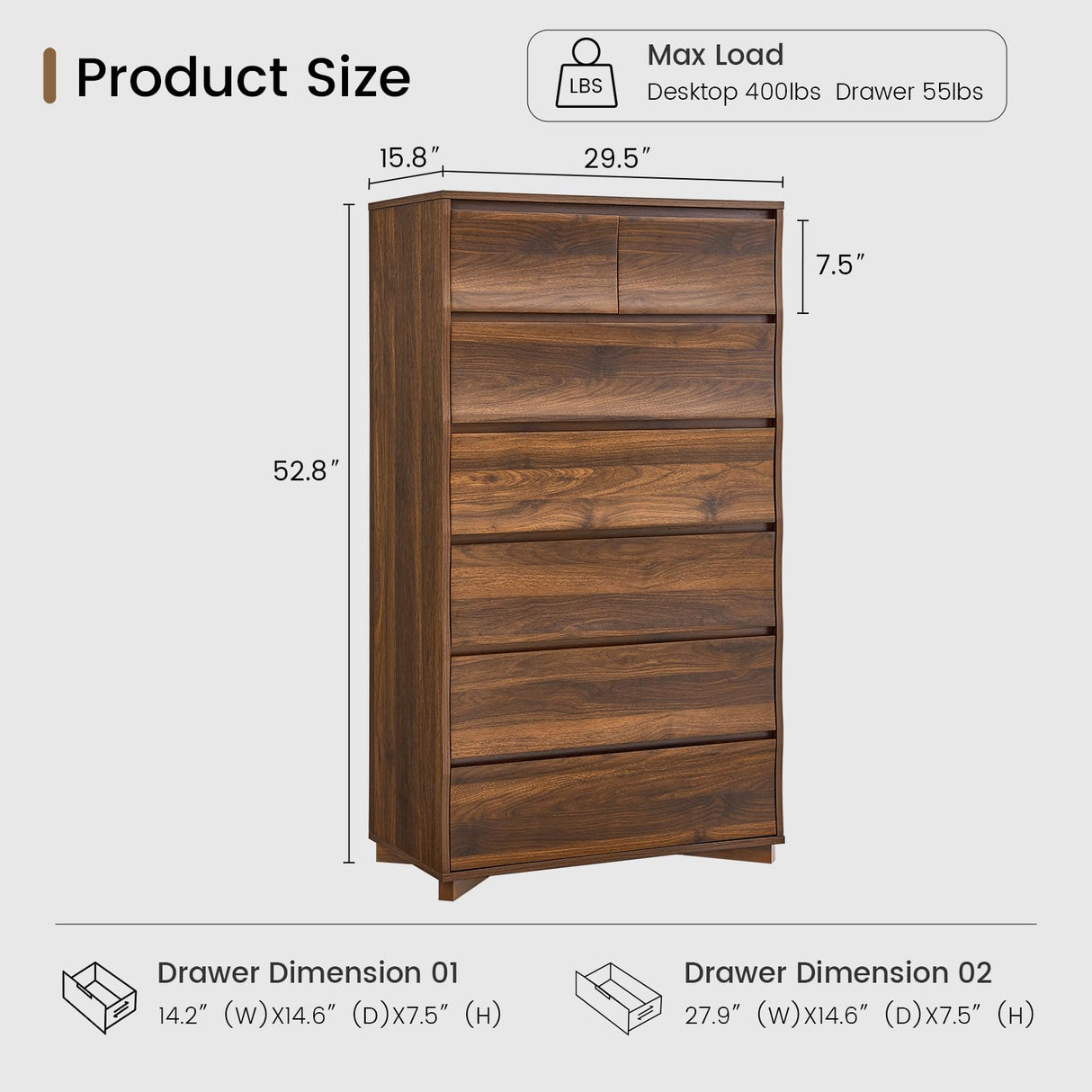 SUCSSRICH Tall Dresser for Bedroom, 52.8" Tall Dresser with 7 Drawers, Wood Dressers & Chests of Drawers, Accent Upright Drawer Organizers for Closet, Hallway SUCSSRICH