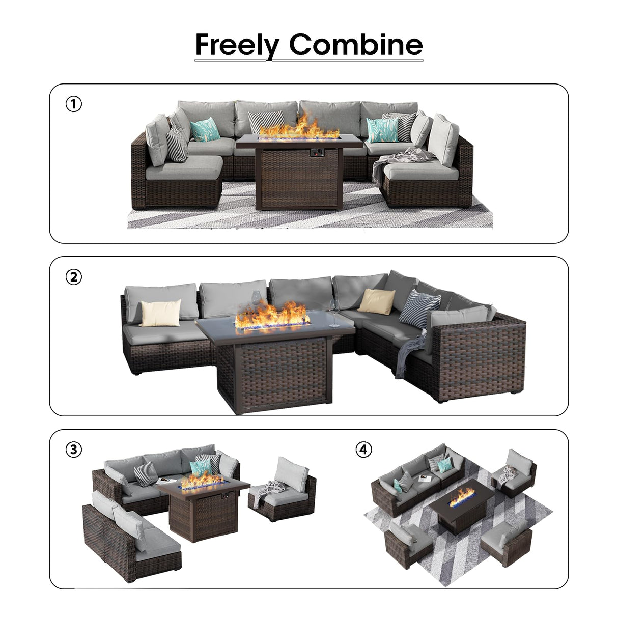 gaildon 7 Piece Patio Furniture Set with 42" Fire Pit Table Outdoor Sectional Conversation Sofa Set with Coffee Table and Comfortable Cushions, Grey gaildon