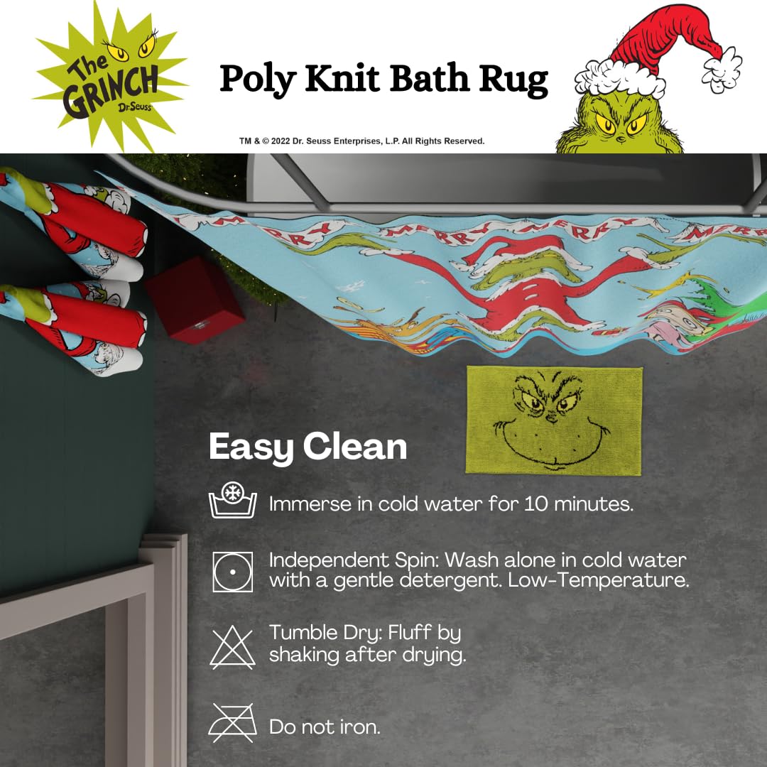 Franco Collectibles Grinch by Dr. Seuss Holiday & Christmas Non Slip Plush Poly Knit Bathroom Mat Rug, 21x34, (Officially Licensed Product) Franco