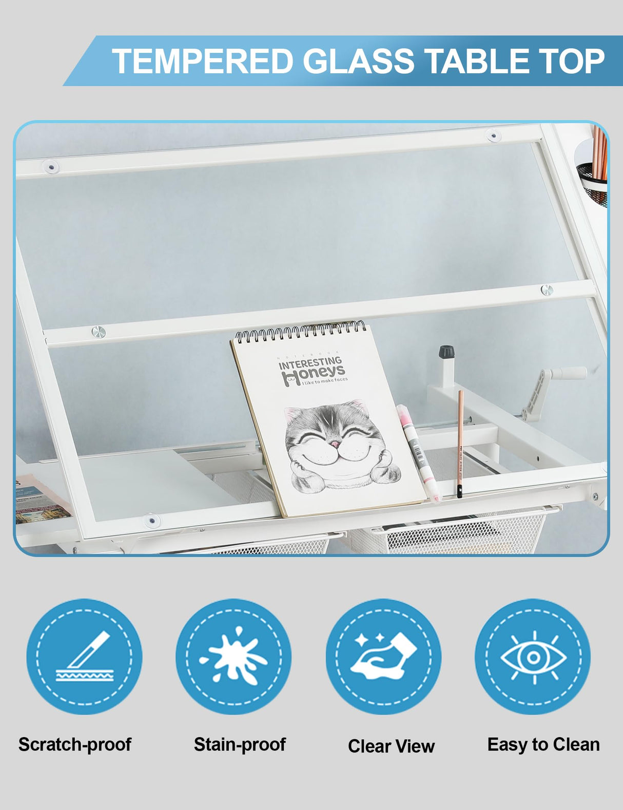 Hand Adjustable Height Drafting Table Artist Drawing Table Multifunctional Art Craft Artists Desk Tilting Glass Tabletop Glass Topped Art Desk Work Station With Stool and Chair for Home Office White CuisinSmart