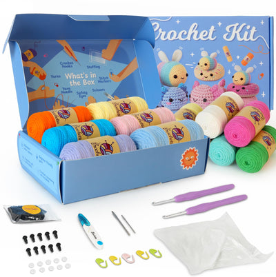 Crochetta Crochet Kit for Beginners Adults & Kids - Complete Starter Set with Crochet Hooks, Scissors, Stitch Markers + 12-Colored Yarn 45-50 Yards (20g) per Color