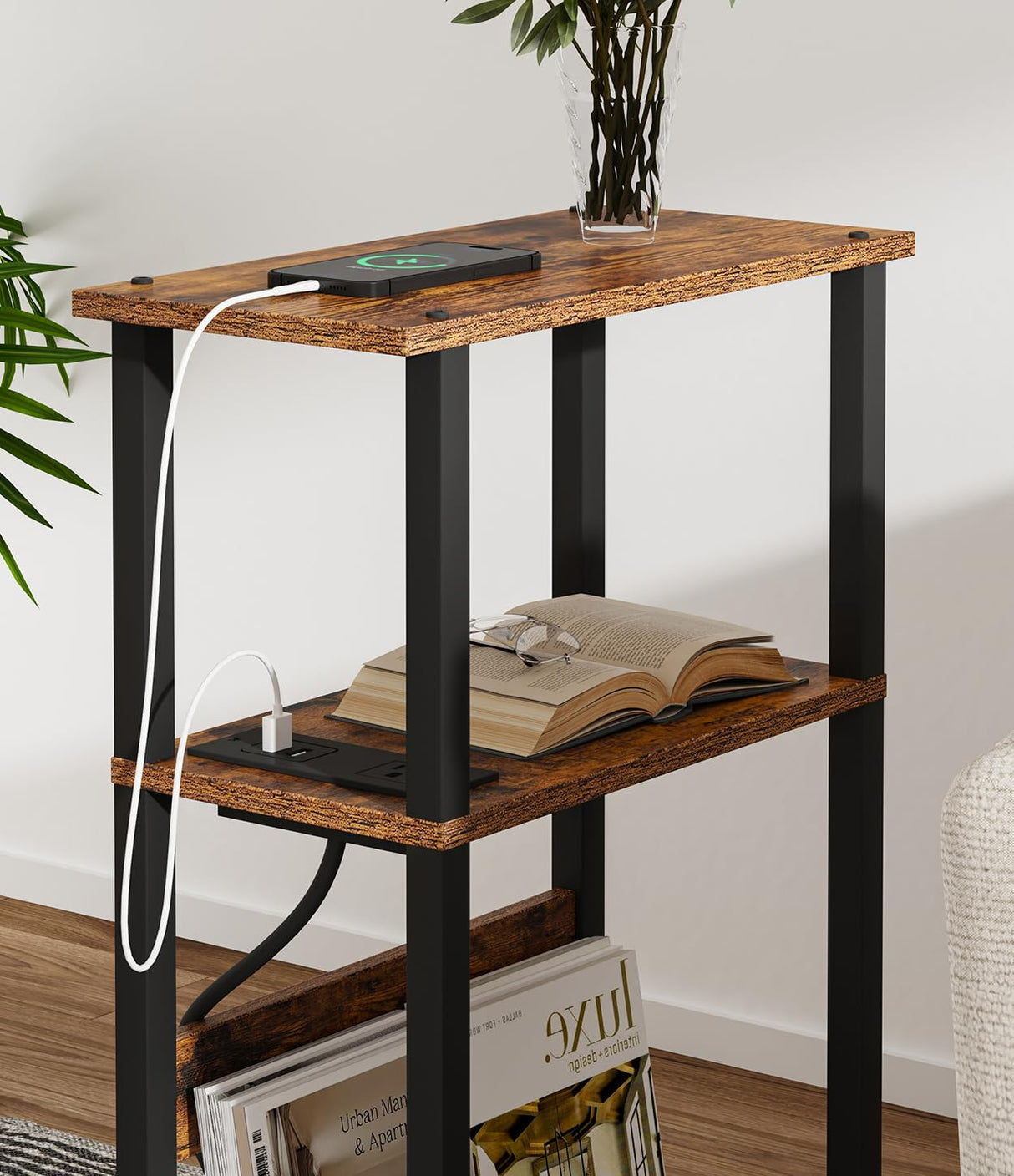 VIMBER Narrow Side Table with Charging Station, 2 Set of Skinny End Table for Small Spaces, Sofa Beside Table with Storage Shelf, Slim Nightstand with USB Ports Outlet, Rustic and Brown VIMBER