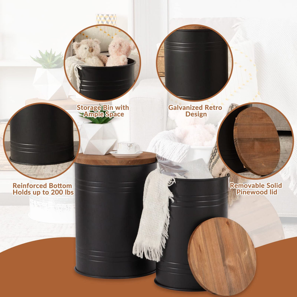 Poofzy Farmhouse End Tables Set of 2, Galvanized Metal Decor Side Table with Wood Lid, Coffee Table Storage Stool for Living Room (Black) Poofzy