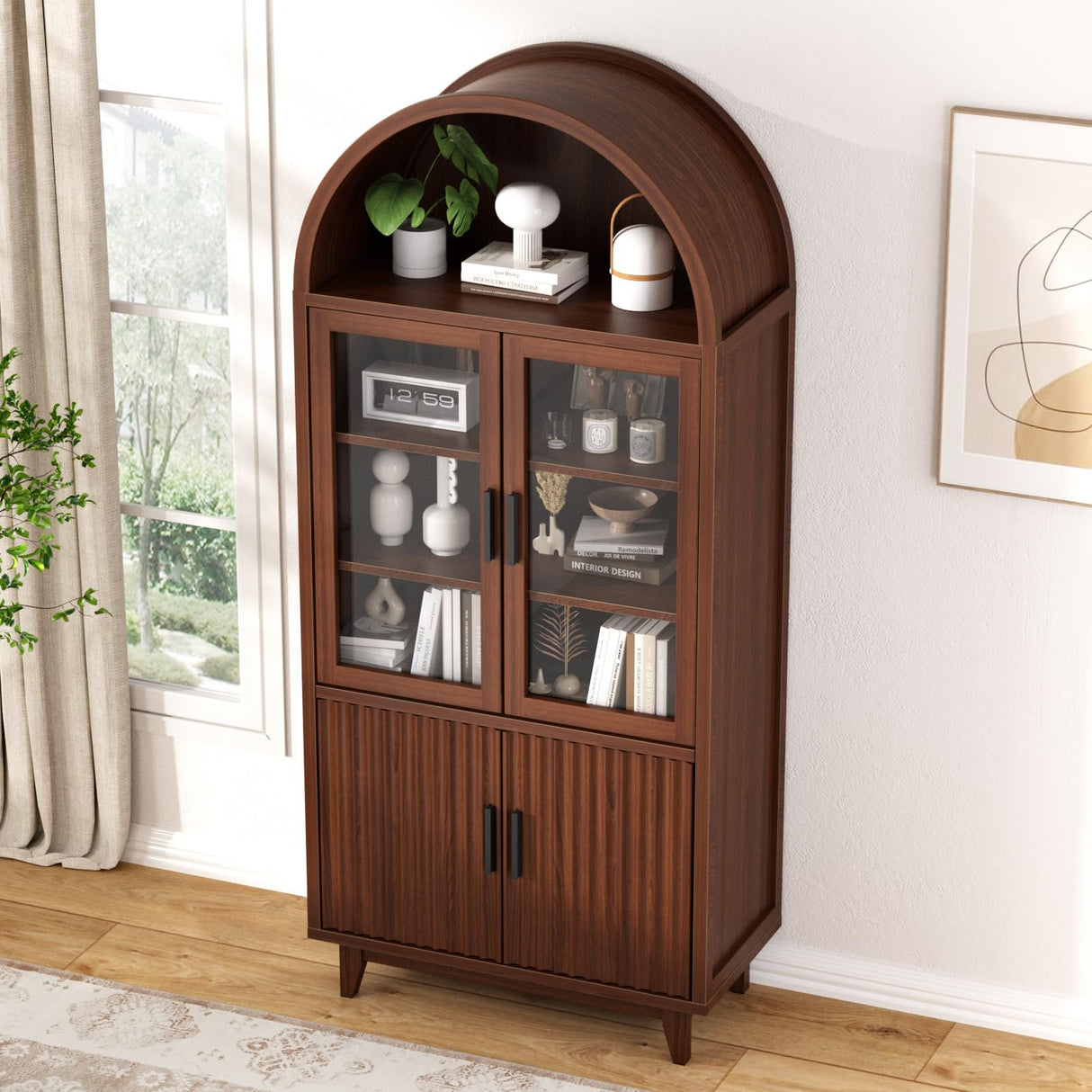 FiveWillowise 71" Tall Arched Cabinet with Glass Doors, Fluted Pantry Cabinet with Solid Wood Legs, Modern Accent Furniture for Living Room, Kitchen, Dining Room, Entryway, Walnut FiveWillowise