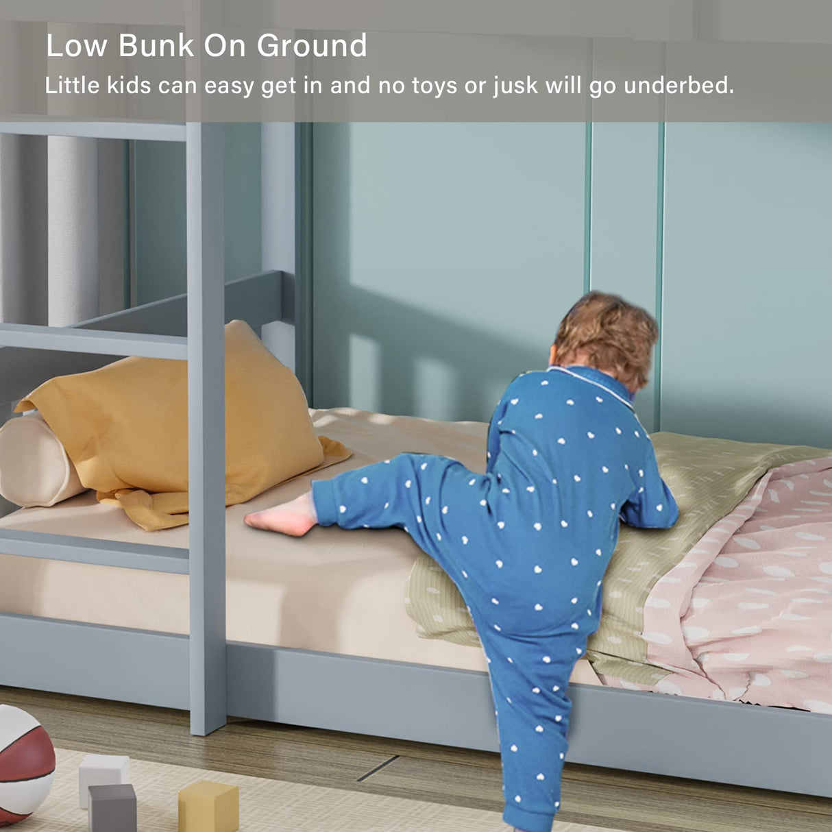 Stylish JOYMOR Twin Over Twin Solid Wood Bunk Bed Frame with Safety Guard Rails and Ladder in Grey JOYMOR