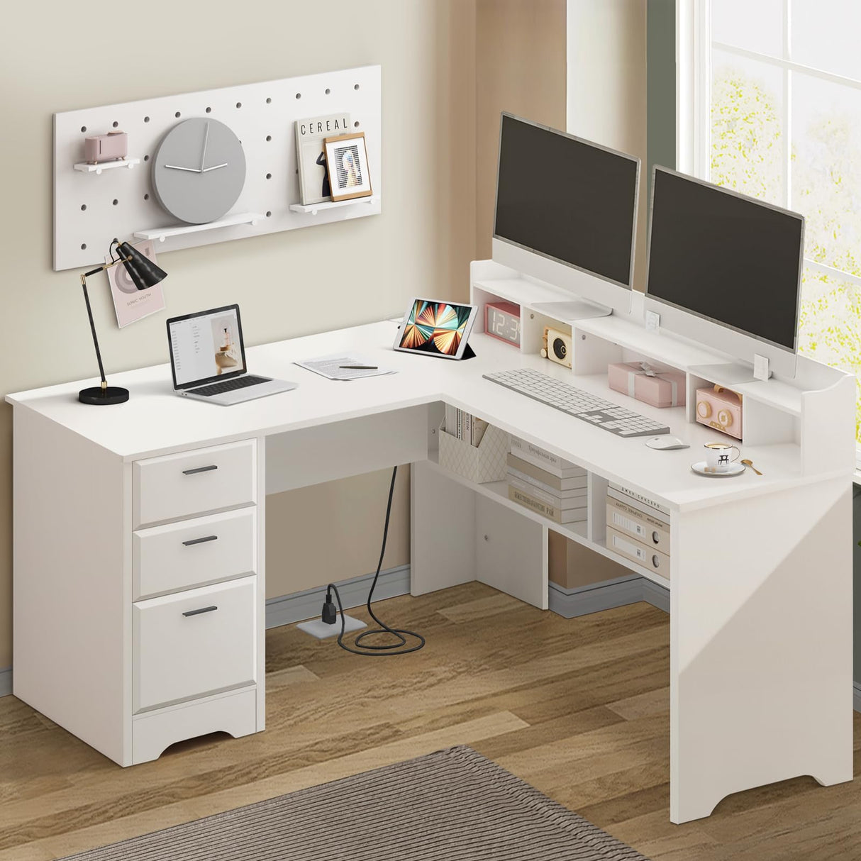 White L Shaped Desk with 3 Drawers, 60 inch White Executive Desk with Drawers and Power Outlet, White L Shaped Desk with File Cabinet, Corner Computer Desk with Moveable Hutch for Bedroom MaverickFurni