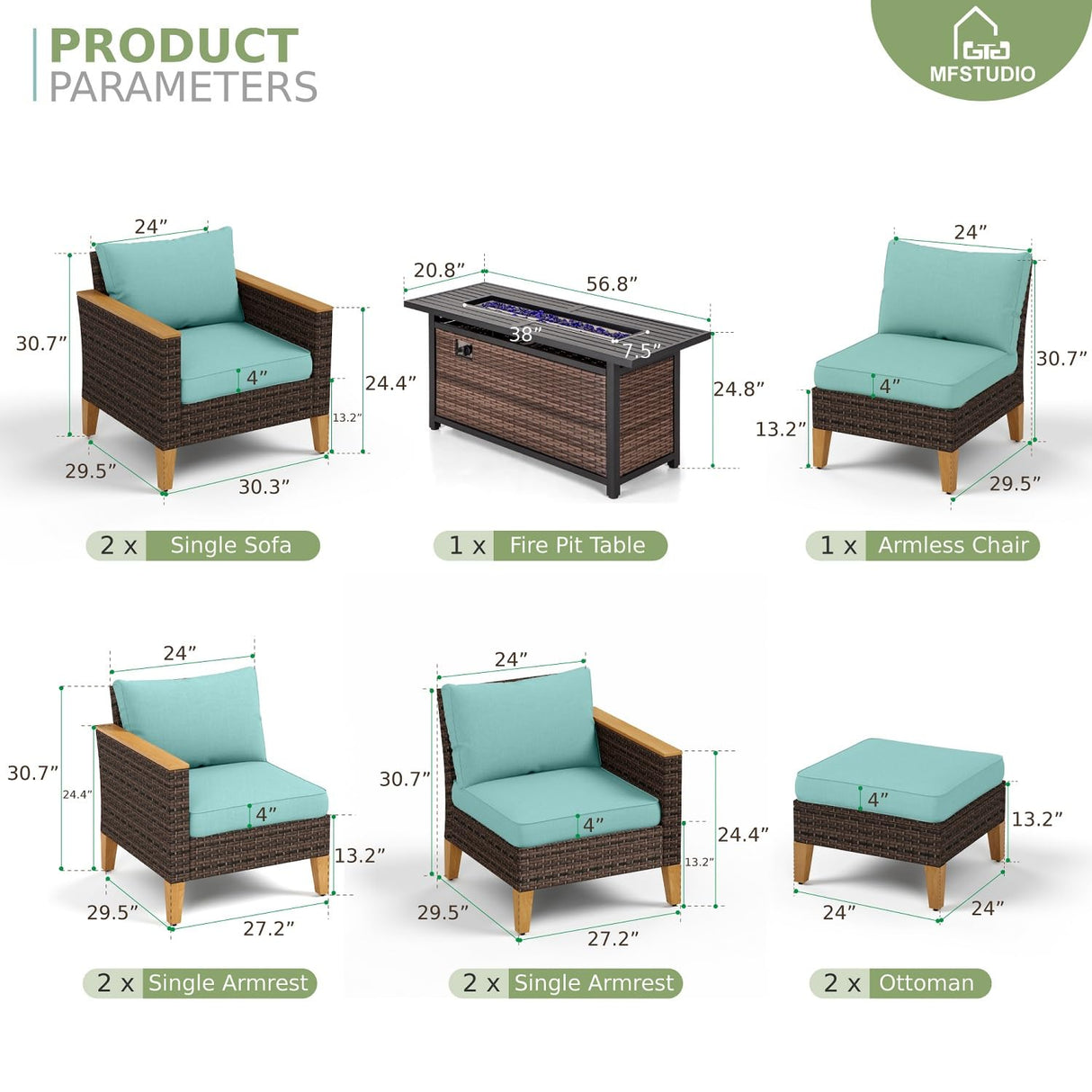 MFSTUDIO 9 Piece Extra Large Wicker Patio Furniture Set with 56" Fire Pit Table, All-Weather Rattan Sectional Sofa Patio Conversation Set with 50000 BTU CSA Approved Fire Pit & Aqua Blue Cushion MFSTUDIO