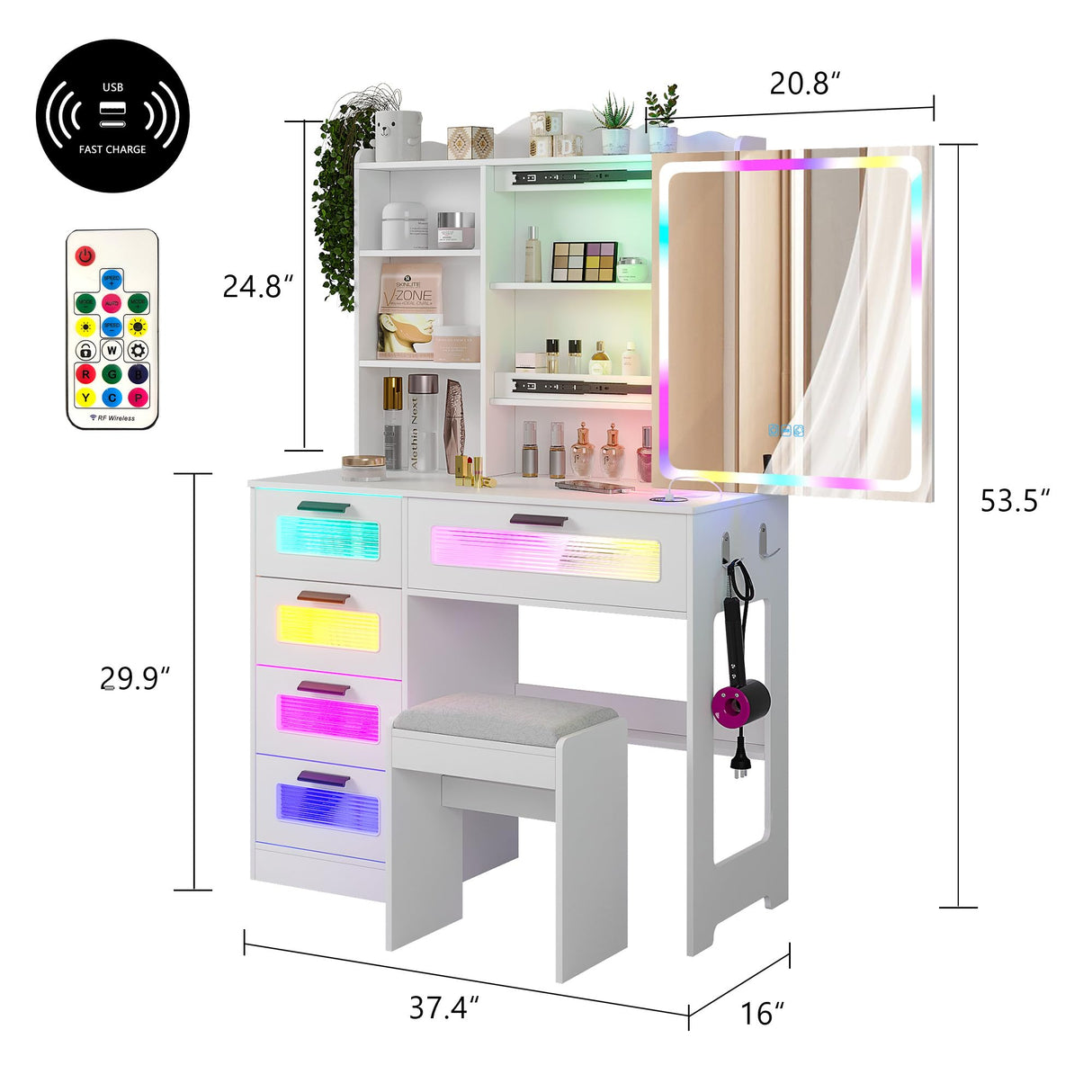 HNEBC Vanity Desk with Sliding Mirror and LED Lights, RGB Vanitys with Charging Station, Makeup Vanity with Remote Control, White Dresser with Stool/Lager Drawers for Bedroom (White) HNEBC