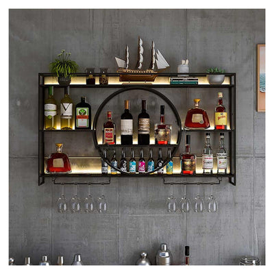 Wine Rack Wall Mounted 3 Tier Metal, Floating Shelves For Kitchen With LED Light, Hanging Floating Bar Liquor Bottles Bar Wall Shelves, Liquor Bar Display Shelf, For Home Bars Kitchen(Black,100x80x15c
