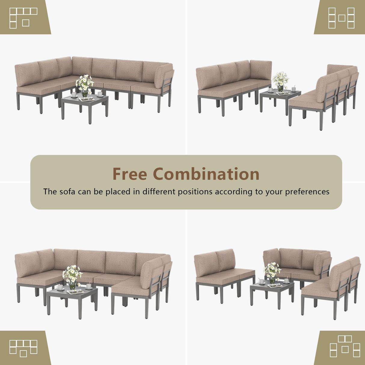 Kullavik Patio Furniture Set,7 Pieces Metal Modern Outdoor Furniture,Outdoor Sectional Sofa w/5.1" Cushions and Coffee Table for Patio,Backyard,Sand Kullavik