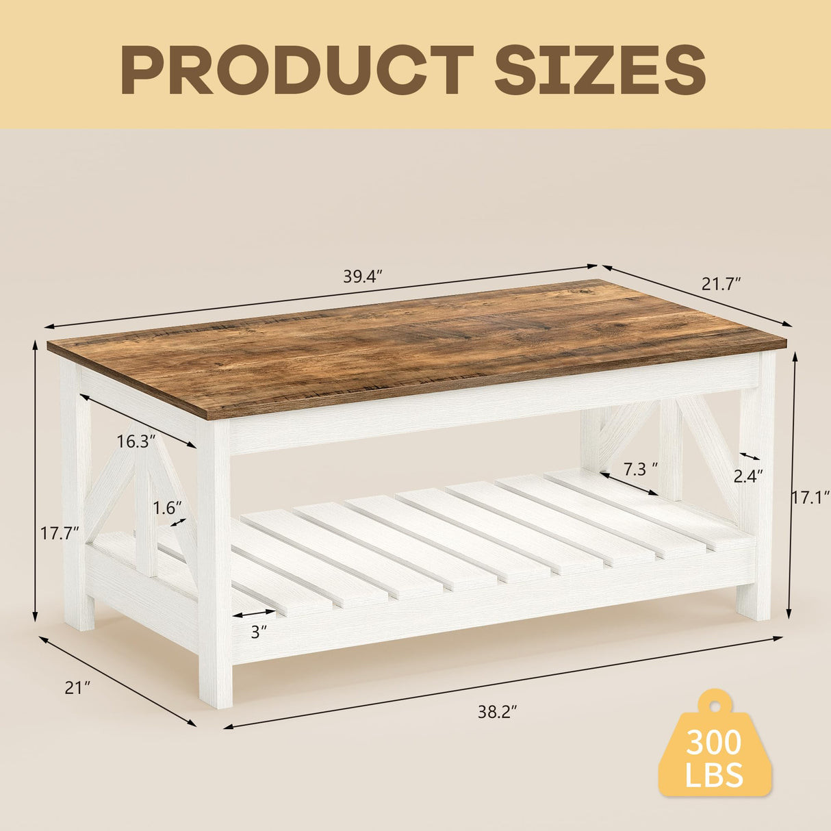 JUMMICO 39” Farmhouse Coffee Table for Living Room, 2-Tier Modern Living Room Table with Storage Shelf, Rustic Rectangular Center Table Space Saving Home Furniture (Rustic Oak & White) JUMMICO