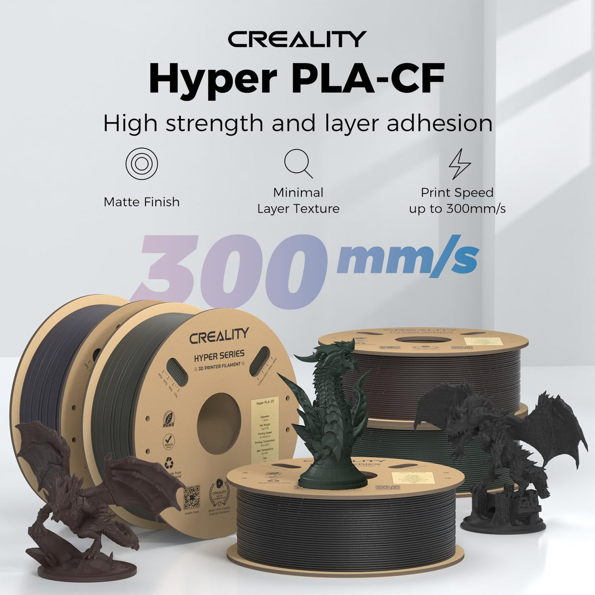 Official Creality Hyper PLA-CF (Carbon Fiber) Filament 1.75mm, High Speed PLA-CF 30-300mm/s 3D Printer Filament, Dimensional Accuracy +/-0.02mm, Fit Most FDM 3D Printers,1KG(2.2lbs) Spool Black Creality