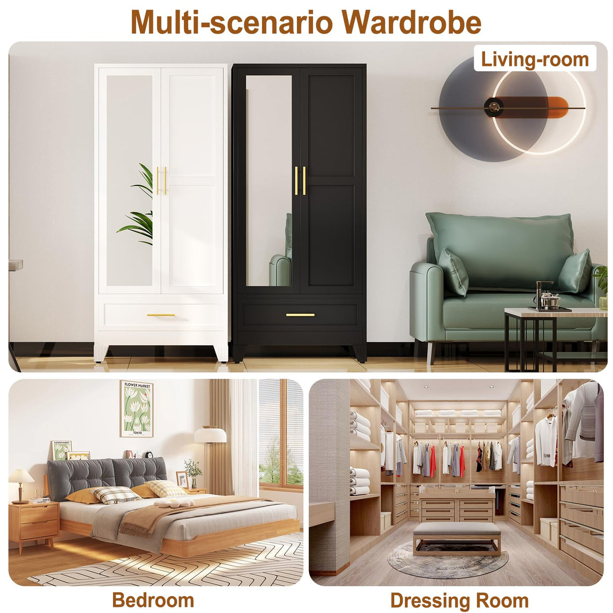 baoliwo Metal Armoire Wardrobe Closet Storage Cabinet with Mirror, 71'' Wardrobe Cabinet with Hanging Rod Metal Closet with Adjustable Shelf and Drawer for Bedroom, Laundry Room, Cloak Room baoliwo