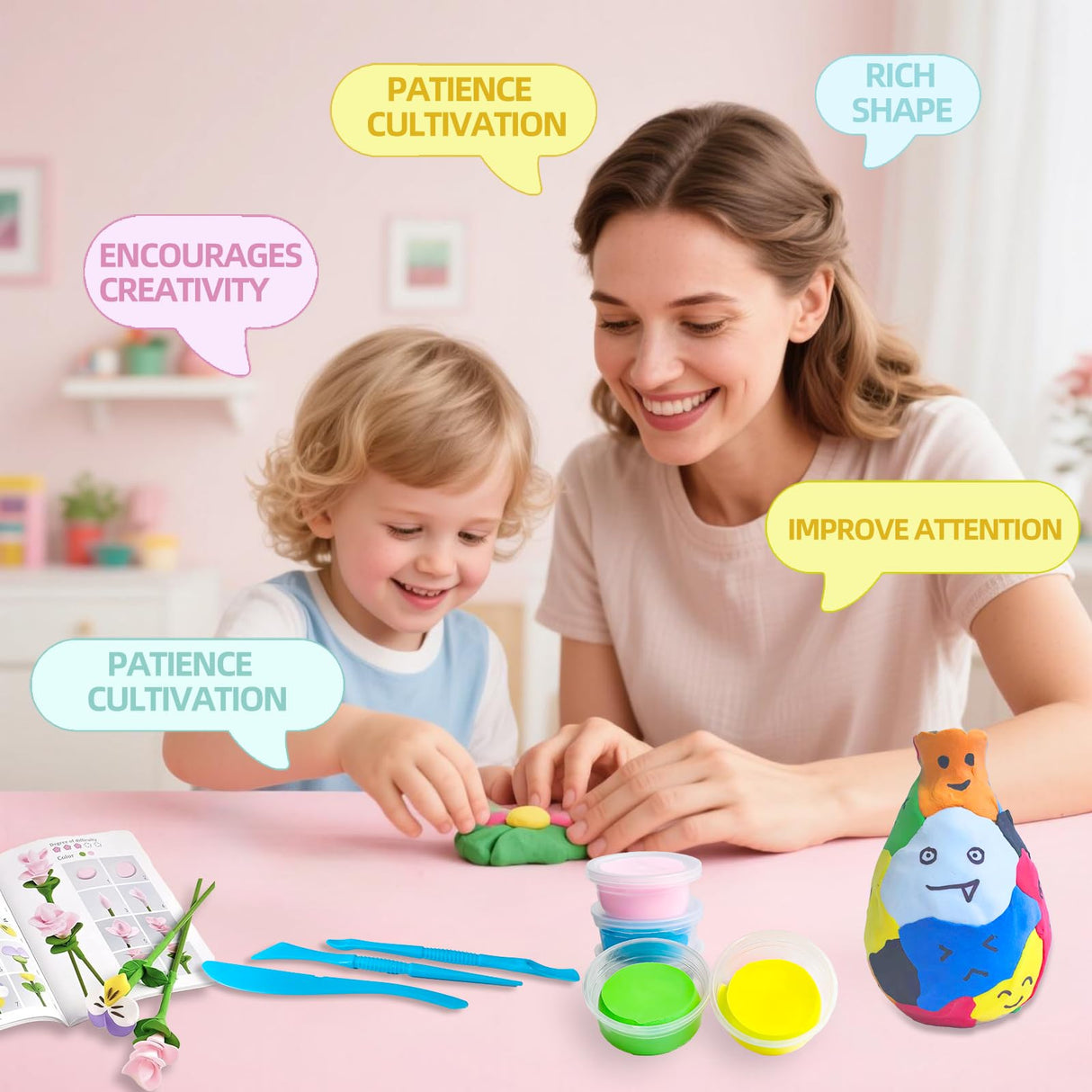 Clay Flower Craft Kit for Kids - Make Your Own DIY Air Dry Bouquet Making Set, Arrange & Create Personalized Art, Perfect Arts & Crafts Gift for Kids, Non-Toxic Modeling Clay with Tools & Guide NOONEAU