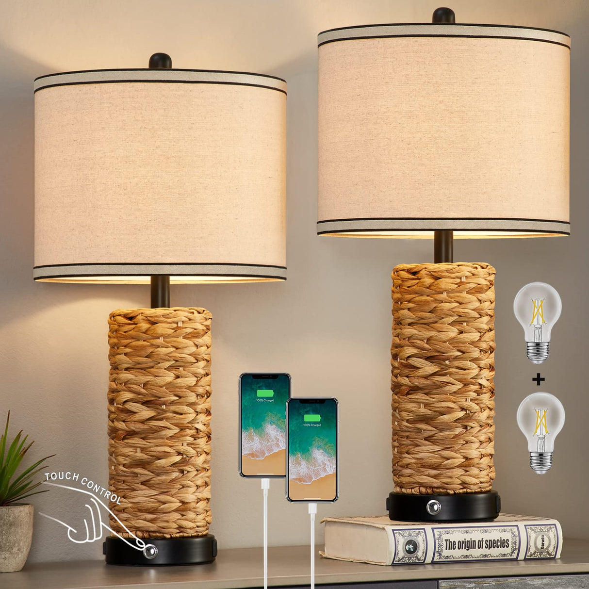 GyroVu Rattan Table Lamp Set of 2, Wicker Lamps, 3 Way Dimmable Touch Seagrass Table lamp with 2 USB Ports and 1 AC Outlet for Bedroom Nightstand Table, Livingroom End Table, Bulbs Include GyroVu