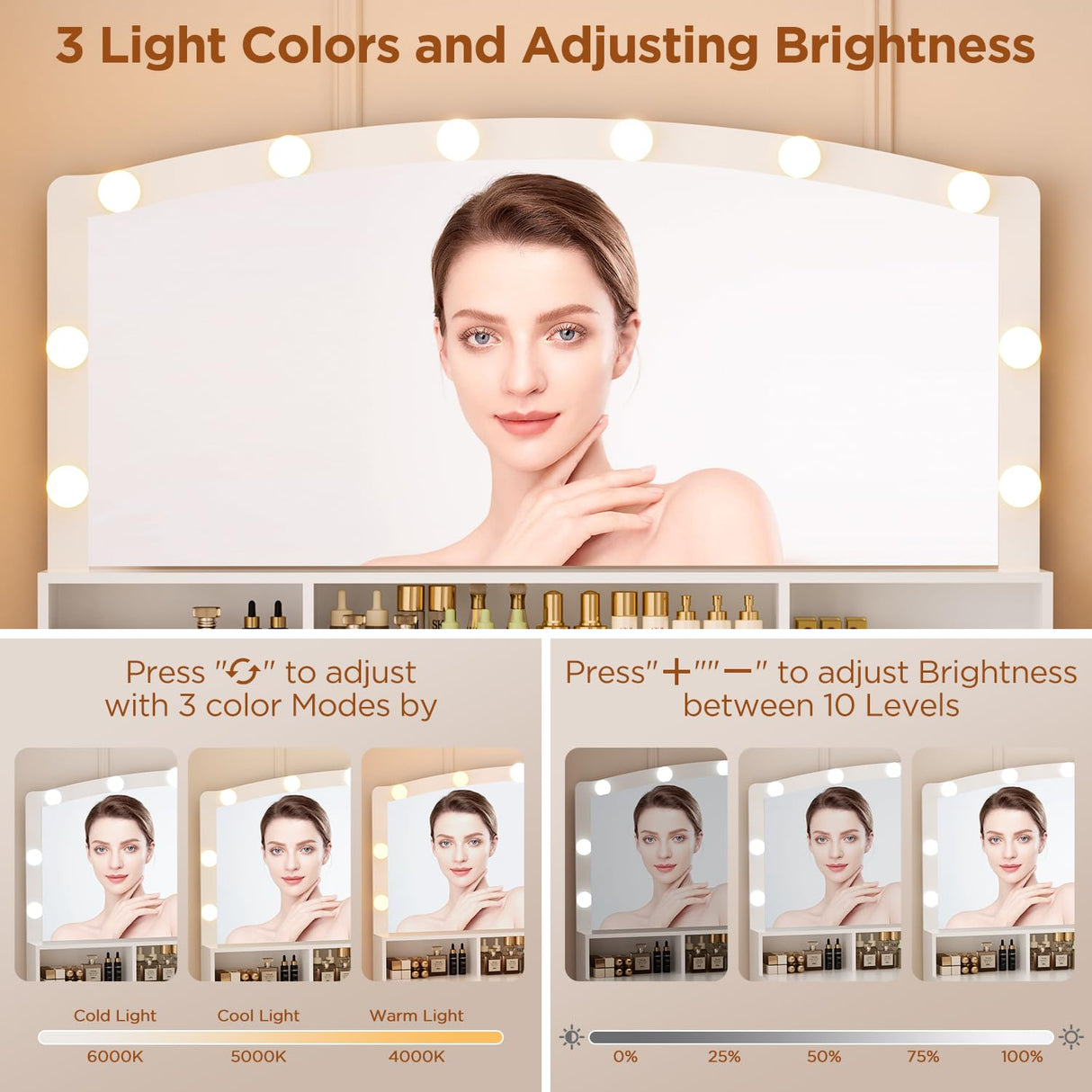 ERLEJIA Farmhouse Vanity Desk with Mirror and Lights&Stool and Power Outlet, 43.3" Large 3 LED Lights Modes Makeup Vanity Table with 7 Drawers, 2 Cabinets& Large Mirror,Bedroom Vanity Desk White ERLEJIA