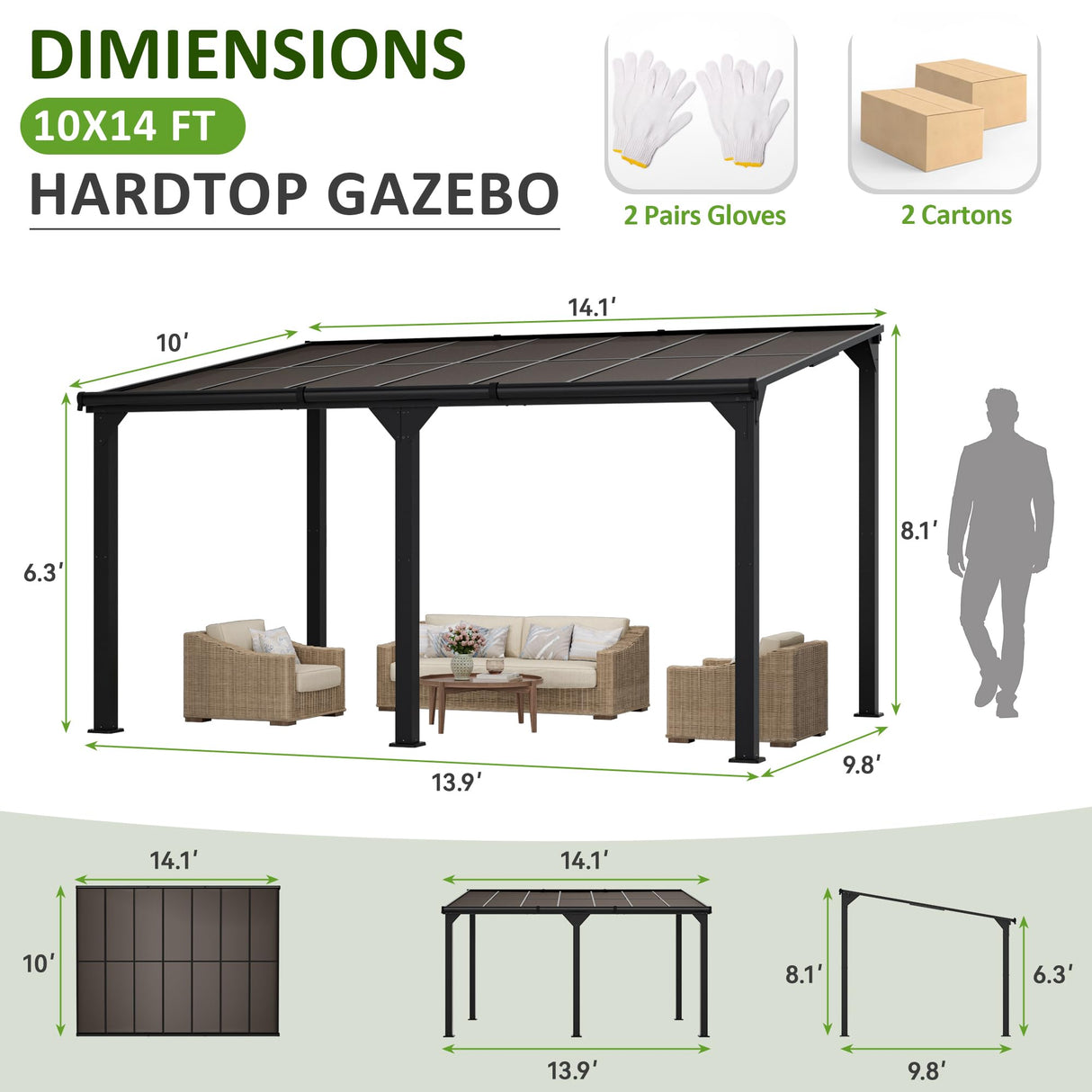 DAUSOLA 10x14 FT Gazebo Pergola for Patio, Gazebos Pergola on Clearance with Sloped Roof, Hard Top Lean to Gazebo, Large Wall-Mounted Heavy Duty Awnings for Patio, Backyard, Deck DAUSOLA