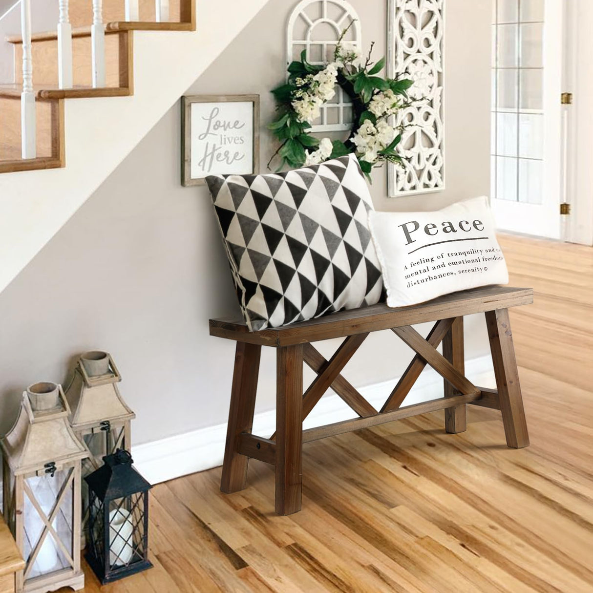 Wnutrees 30" Farmhouse Wood Bench, Rustic Solid Wood Entryway Bench Seat with Double X-Structure for Dining Room, Living Room, Hallway, Structural Stability, Natural Wnutrees