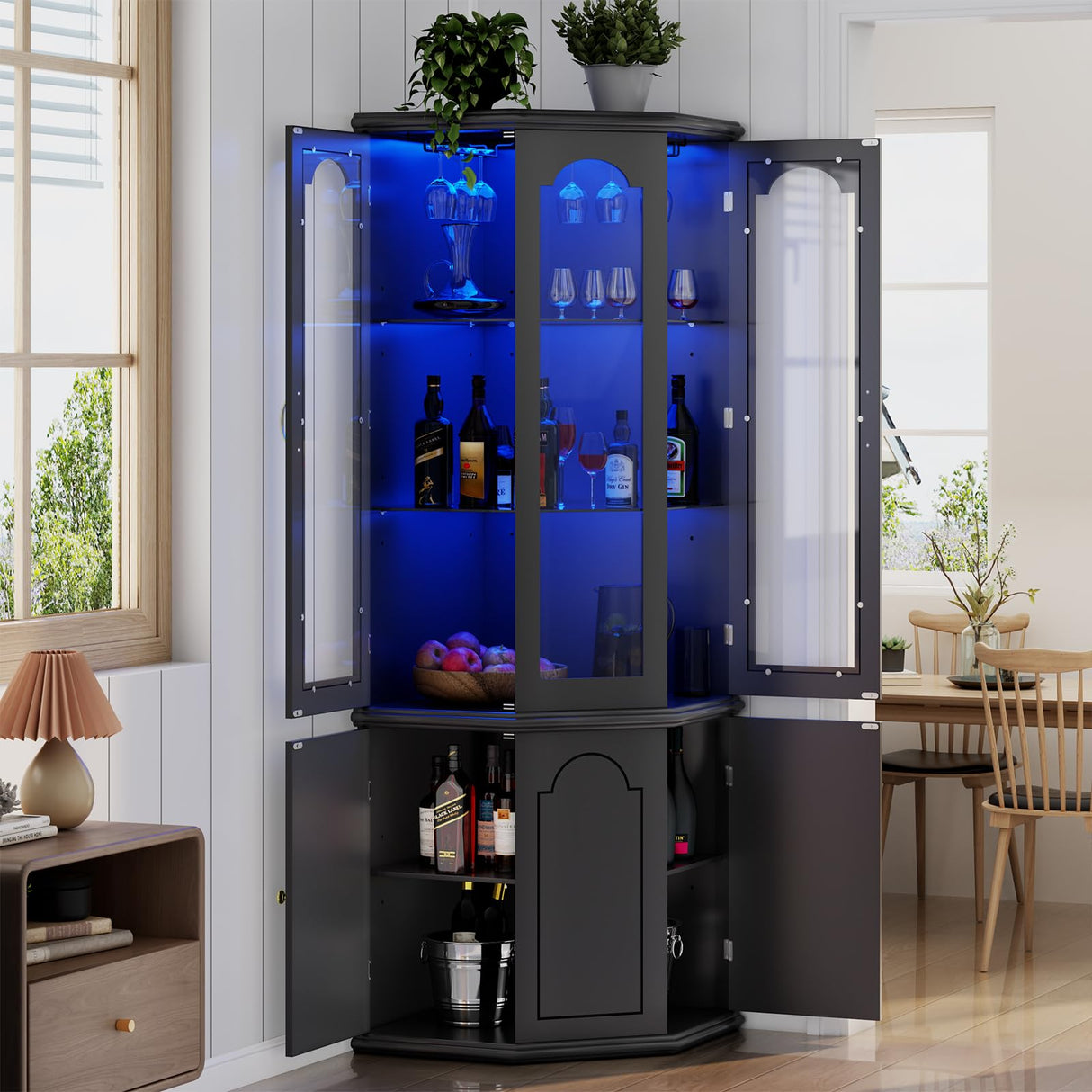 Gyfimoie Corner Bar Cabinet w/LED Lights, Tall Modern Wine Cabinet with Tempered Glass Door & Adjustable Shelves, Home Bar Liquor Storage Cabinet with Glass Rack for Living Room, Dining Room (Black) Gyfimoie