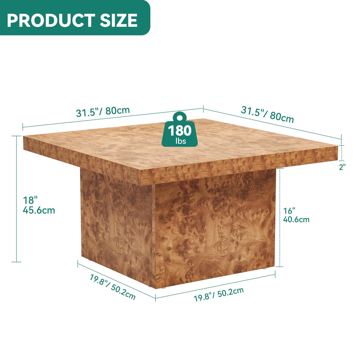 YITAHOME Coffee Table Square LED Coffee Table, Burl Wood Grain Tea Coffee Tables for Living Room/Apartment, Modern Wooden Center Table for Office Decor, Burl Wood YITAHOME