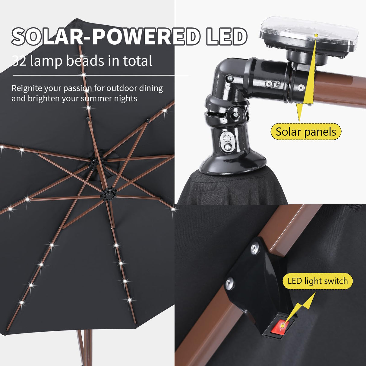 EchoSmile 10FT Solar Cantilever Patio Umbrella with 32 LED Lights and 8 Ribs, Cross Base, Tilt Adjustment, UV-resistant fabric for Deck, Pool, Garden, Backyard, Black EchoSmile