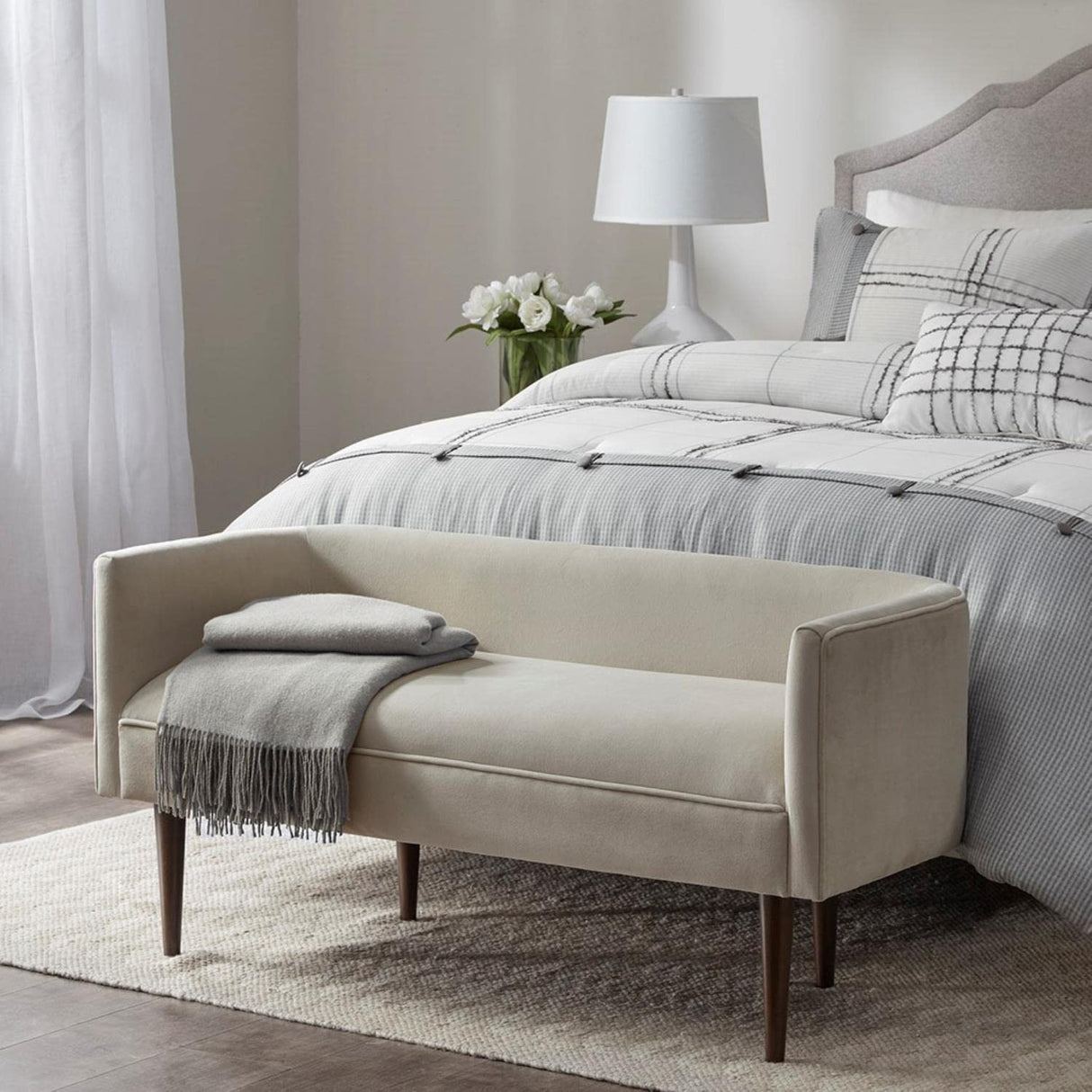 Madison Park Farrah Entryway Accent Bench with Curved Backrest, 8.75" Cushion Seating Bench for Living Room, Compact Bed End Bench with Solid Wood Legs & Soft Poly Velvet Uplhostery, 49" W, Cream Madison Park