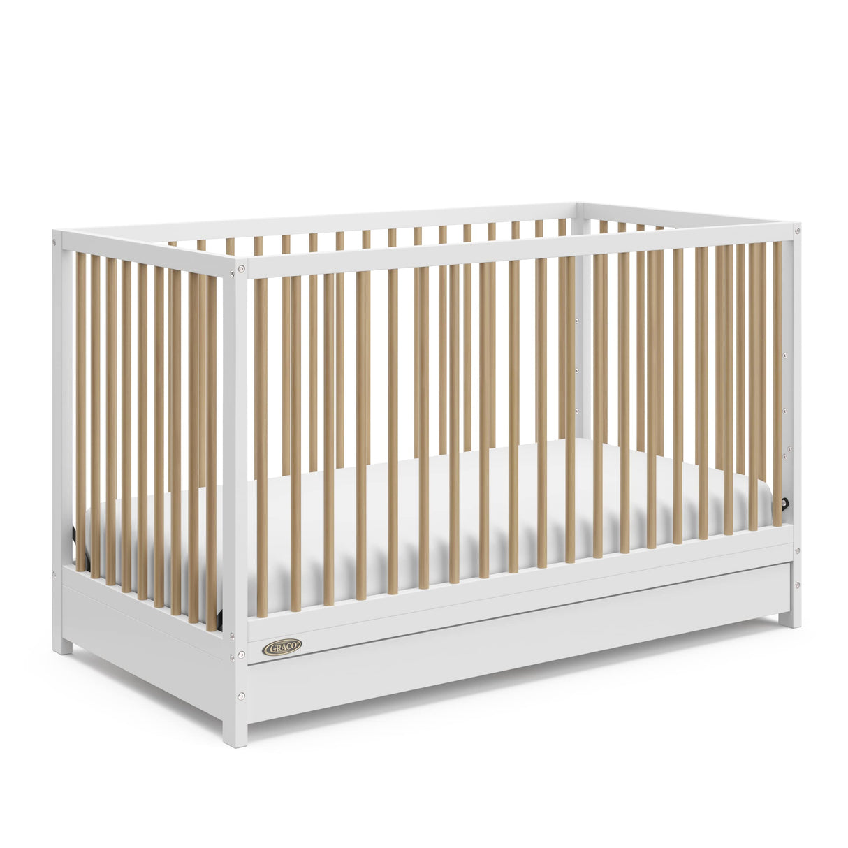 Graco Teddi 5-in-1 Convertible Crib with Drawer (White with Driftwood) – GREENGUARD Gold Certified, Crib with Drawer Combo, Full-Size Nursery Storage Drawer, Converts to Toddler Bed Graco