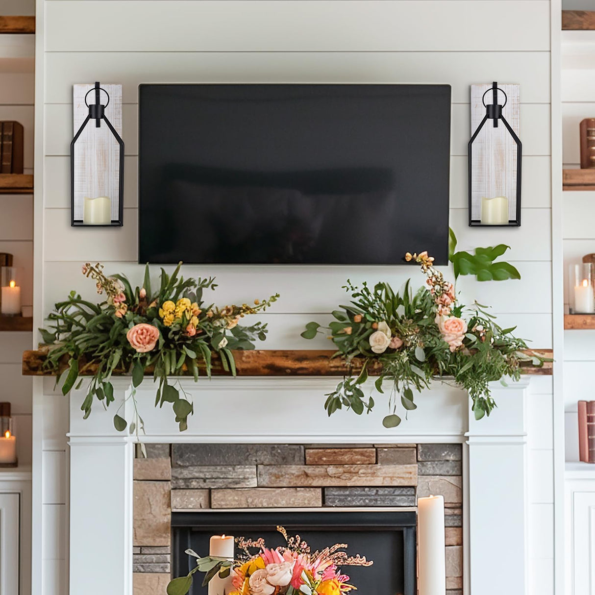 Staymoment Candle Sconces Wall Decor Set of 2: Farmhouse Wood Candle Holder - Indoor Black Metal Lantern Decorations for Living Room Front Porch Yard, Washwhite Staymoment