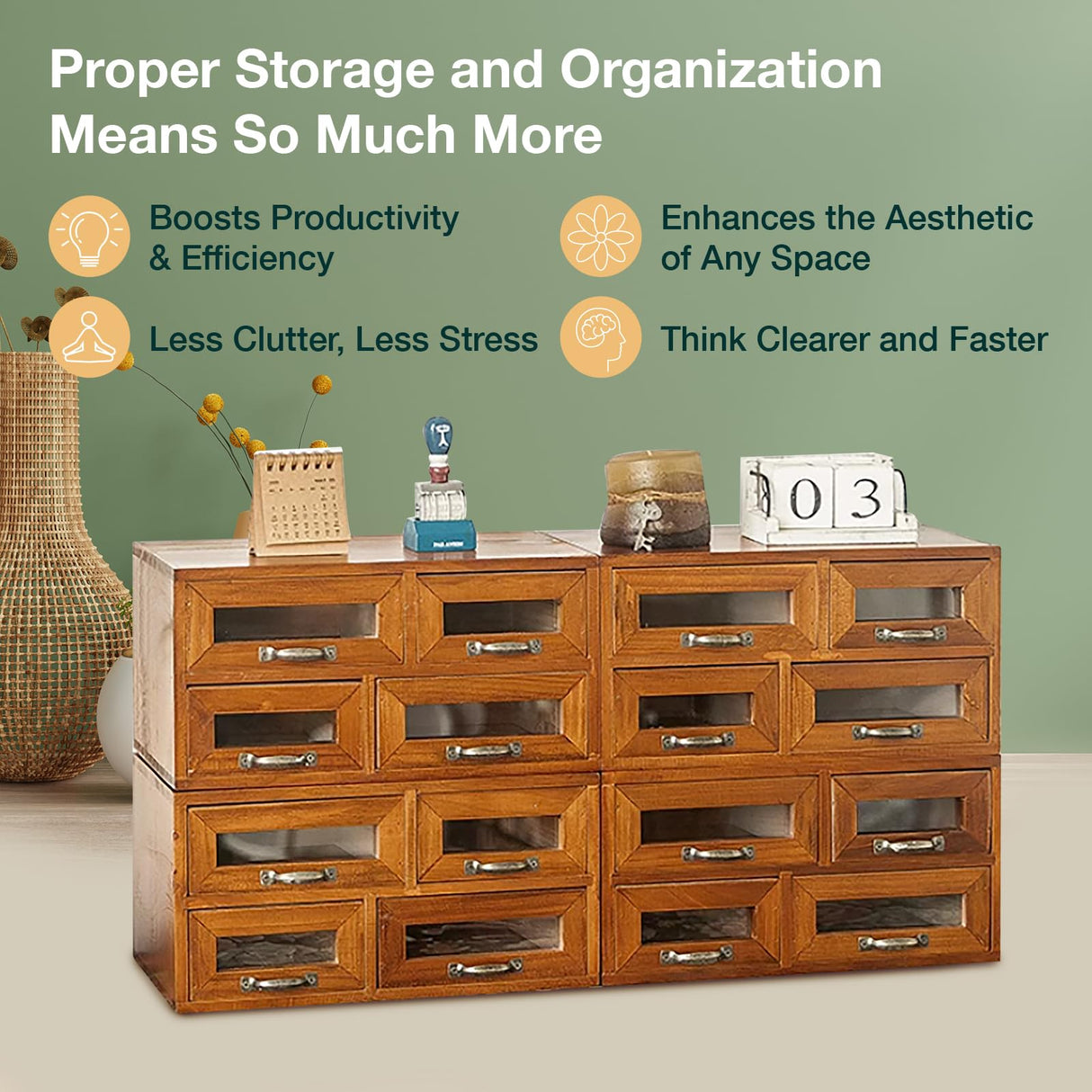 Set of 4 Store and Display Wooden Desktop Organizing Cabinets - Mahogany Wood Display Chest with 4 See-through Drawers Each - 16-Drawer Storage for Work Table, Vanity, Dresser or Kitchen Counter Woodaholic