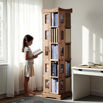unununu Wooden Rotating Bookshelf, Larger Solid Wood Revolving Bookcase,360°Spinning Book Shelf Tower,Floor Standing Storage Rack,Corner Organizer for Small Space,Study,Office,17"x17"x69.75"(5-Tier)