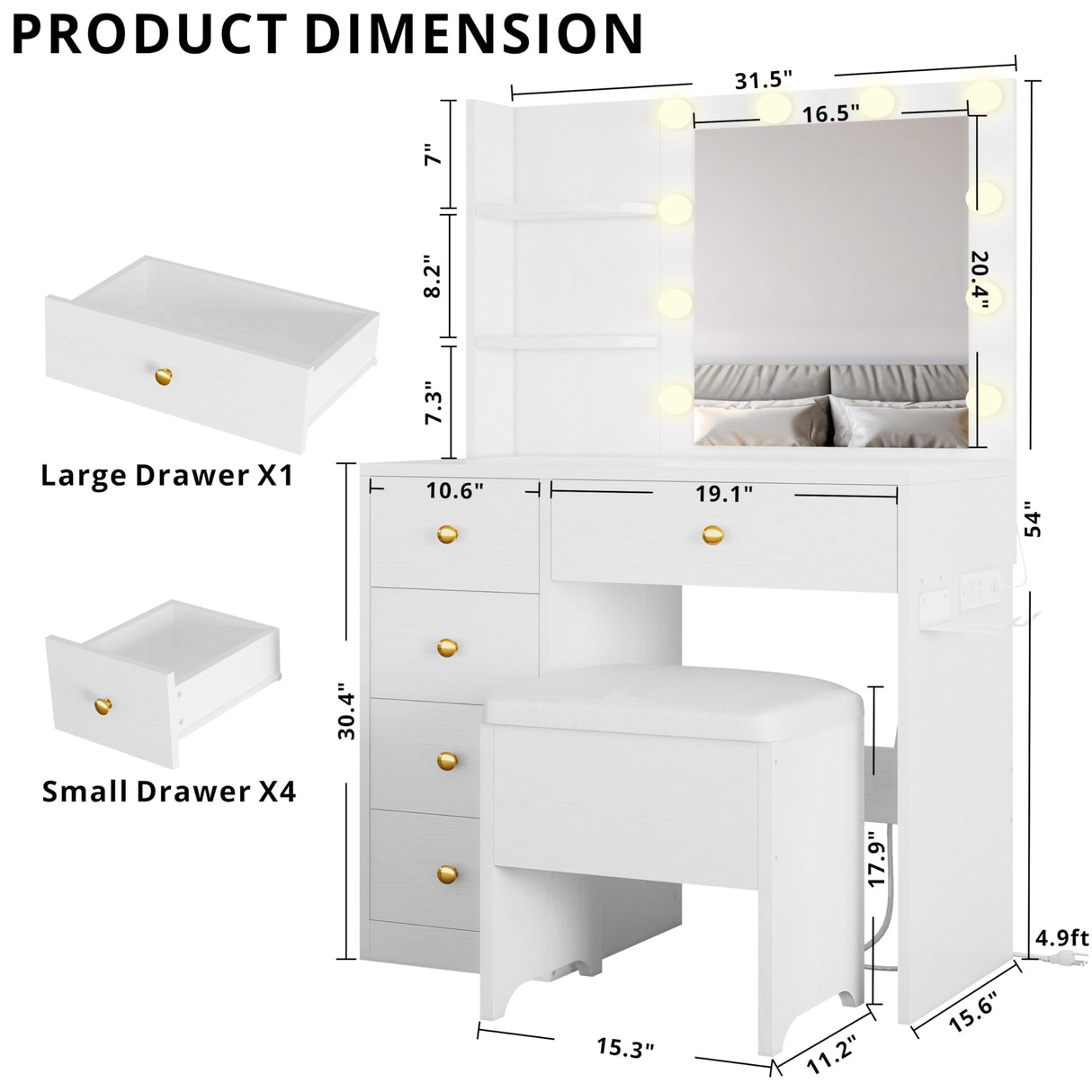 IRONCK Vanity Desk with Mirror and Lights, Small Makeup Vanity Table with 5 Drawers, Power Outlet, and Vanity Stool, 3 Lighting Colors, Dressing Table for Women Girls Bedroom, White IRONCK