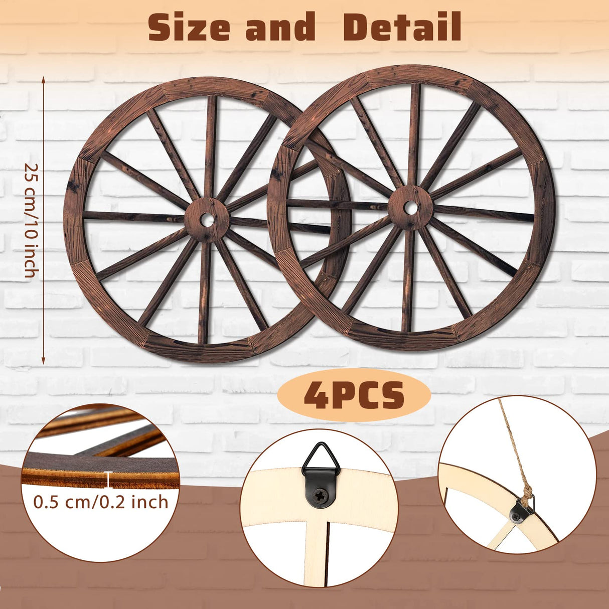 4 Pieces Wooden Wagon Wheel Wall Decor 10 Inches Old Western Wood Wagon Wheel Wall Art Farmhouse Wagon Wheels Rustic Yard Decor Wood Hanging Decorative Wheels for Garden Home Bar Garage Qunclay