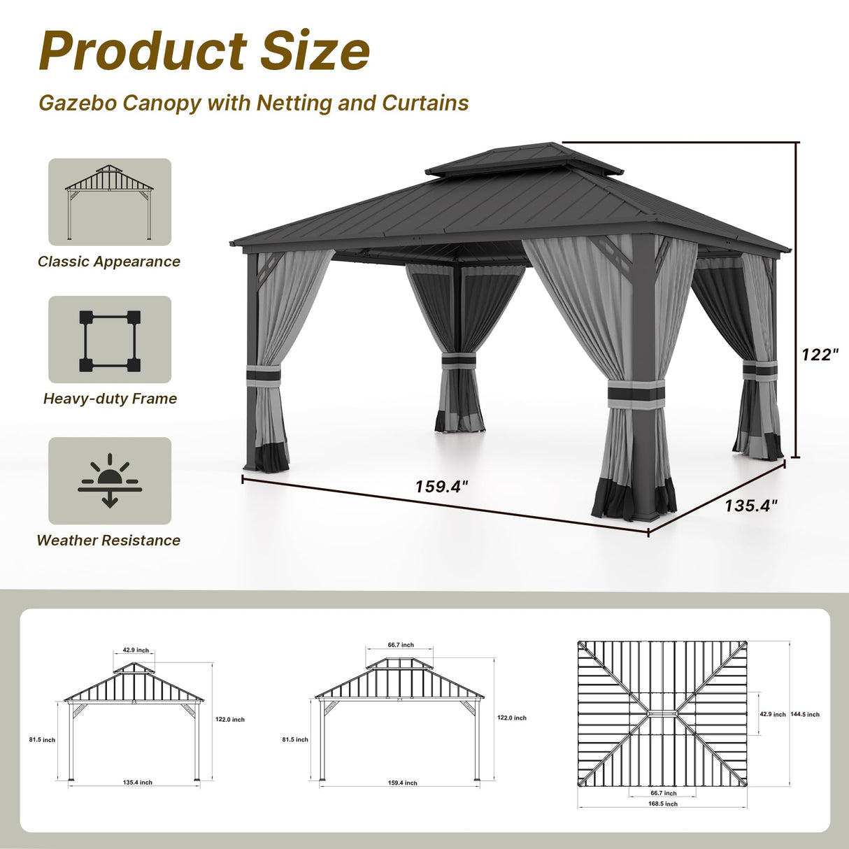 Gotland 12' x 14' Grey Hardtop Gazebo with Curtains and Netting, Double Roof Iron Metal Pergola for Patio, Garden, Lawn Gotland