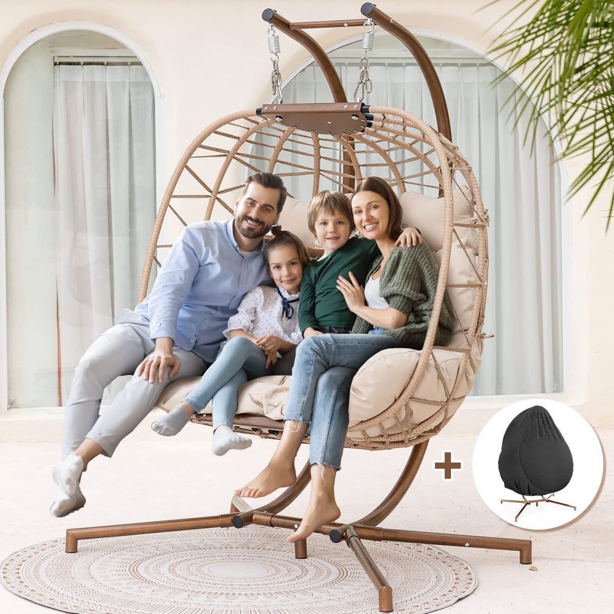 NICESOUL Oversized 2 Person Double Egg Chair Indoor Outdoor, Wide Large Swing Chair with Stand, All-Weather Patio Hanging Egg Hammock Seating, 700lbs Sturdy Porch Swings for Backyard, Cream with Cover NICESOUL