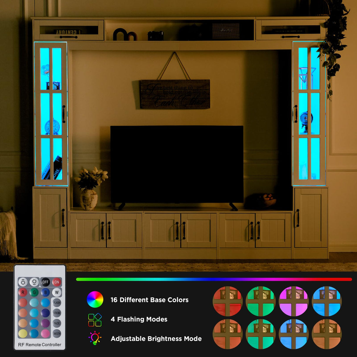 LUXOAK 98" Wide Wall Unit TV Stand with Storage for TVs up to 80", Large Modern TV Console Table with LED Lights, Entertainment Center with Bookshelves for Living Room, White LUXOAK