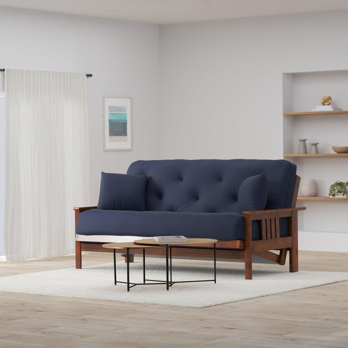Nirvana Futons Stanford Futon Set - Queen Size Futon Frame with Mattress Included (8 Inch Thick Mattress, Twill Navy Blue Color), Heavy Duty Wood, Popular Sofa Bed Choice Nirvana Futons