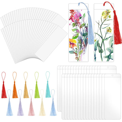 60 Sets Kraft Paper Blank Bookmarks with Tassels, Cardstock DIY Bookmark Making Kit, DIY Projects Party Favor Gift Tag Bulk PVC Tags, 60 Bookmarks 60 Clear Bookmark Sleeves 60 Tassels