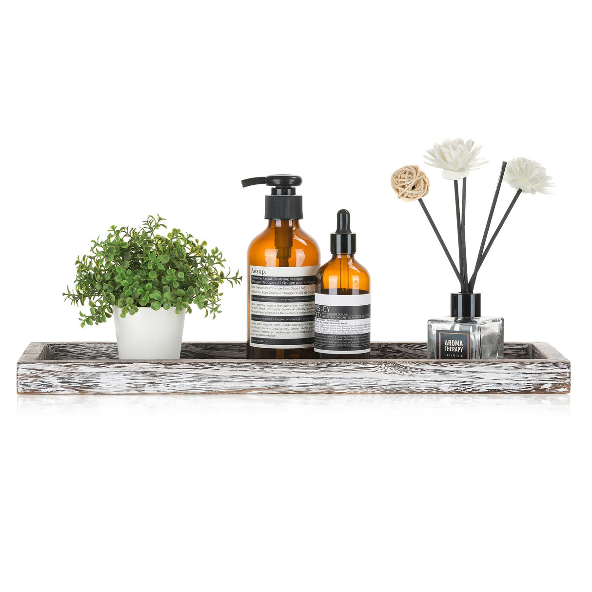 Romadedi Rustic Decorative Wood Candle Tray - 15" Wooden Long Narrow Tray Candle Holder, Farmhouse Small Trays for Coffee Table Centerpieces Dining Room Kitchen Countertop Home Decor, Whitewashed Romadedi