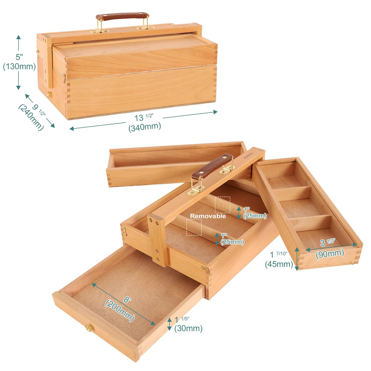 VISWIN Multi-Function Artist Storage Box, Portable Solid Beech Wooden Tool Box with Drawer, Three Layers Art Supplies Storage Box for Paint Brush, Pen, Pastel, Paining Supplies, 13 1/2" x9 1/2"x5" VISWIN