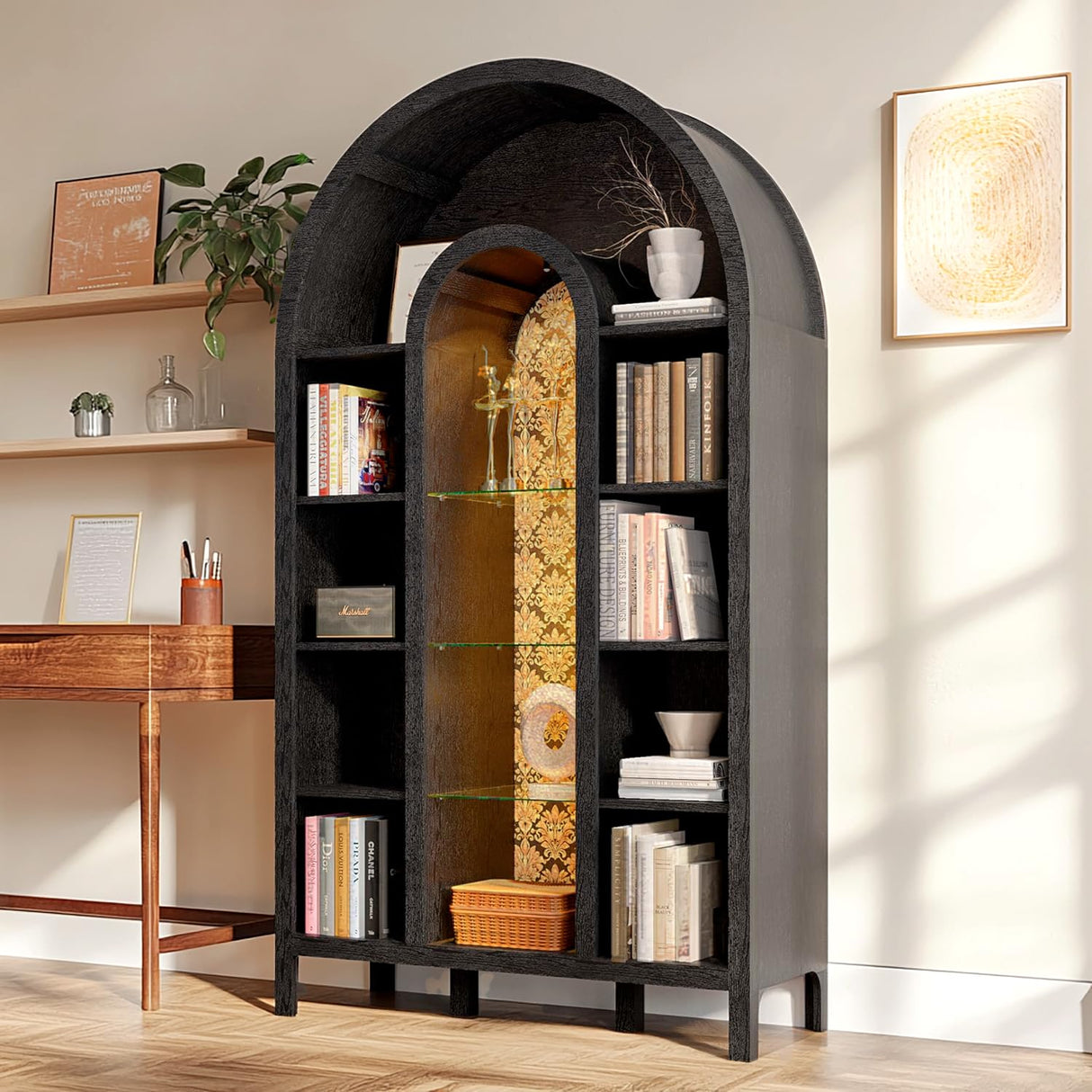 FIMELLO 70.4’’ Double-Arched Bookshelf Bookcase, Display Cabinet with Led Light, Bar Wine Cabinet with Shelves, Tall Food Pantry Furniture for Living Room, Kitchen, Dining Room, Black FIMELLO