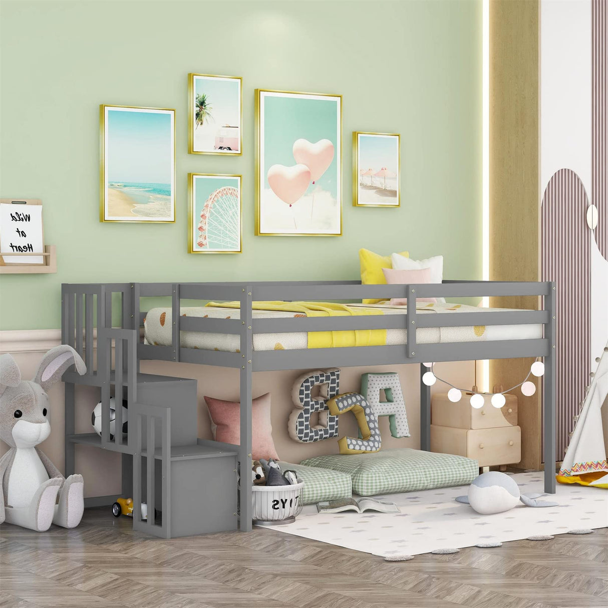 Bellemave Twin Low Loft Bed with Storage Staircase - Stylish Gray Frame for Kids and Teens Bellemave