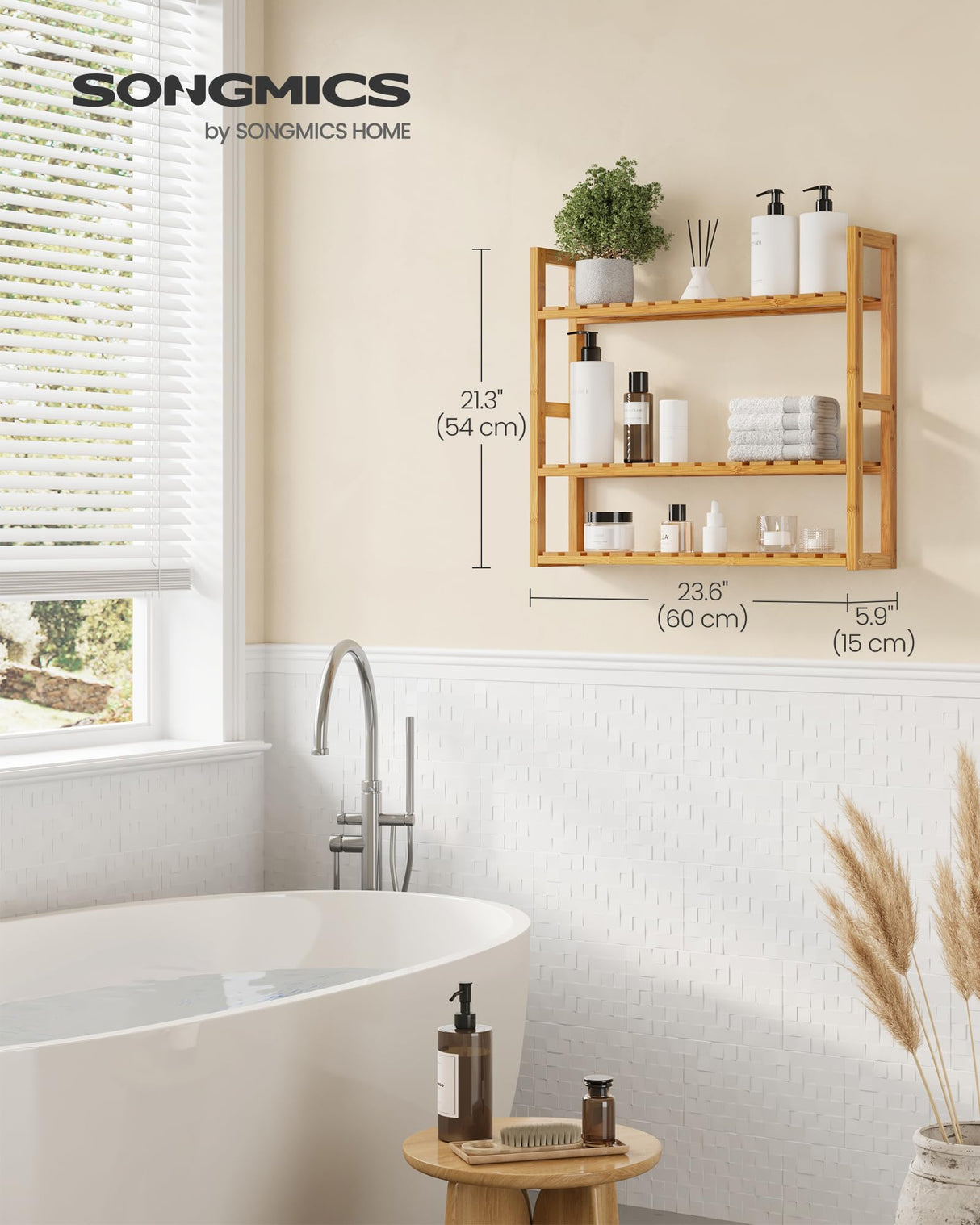SONGMICS Bamboo Bathroom Shelf, 3-Tier Adjustable Plants Rack, Wall-Mounted or Stand, in the Living Room, Balcony, Kitchen, 5.9 x 23.6 x 21.3 Inches, Natural UBCB13Y SONGMICS