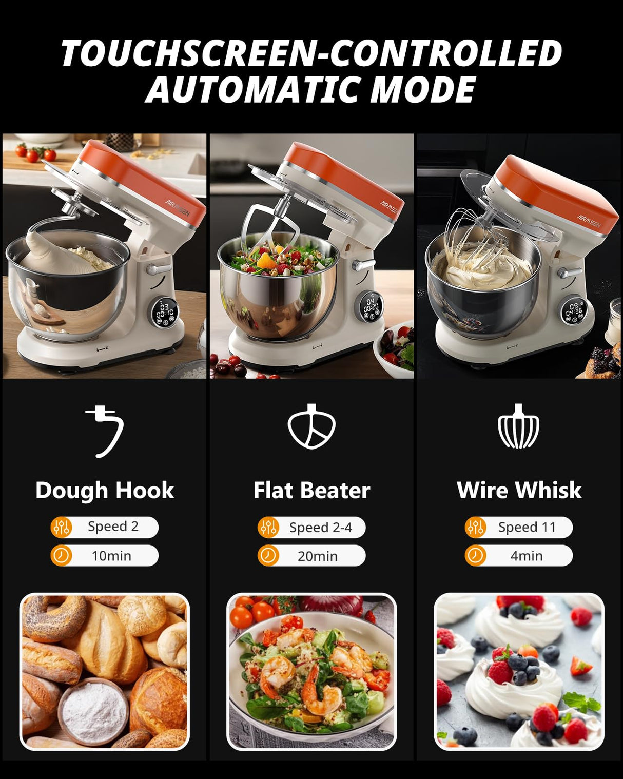 AIRMSEN Automatic Stand Mixer with LED Touchscreen & Timer - 11 Speed Tilt-Head Dough Mixer Fits 5.3QT Bowl & 3-IN-1 Attachments - Kitchen Electric Mixer for Bread Cake Baking - Beige and Orange AIRMSEN