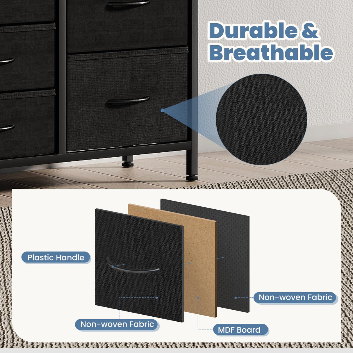 DUMOS TV Stand 7 Drawer Dresser for Bedroom with Storage TV Stands for Living Room Black, Farmhouse Entertainment Center Media Console Table with Metal Frame Adjustable Feet DUMOS