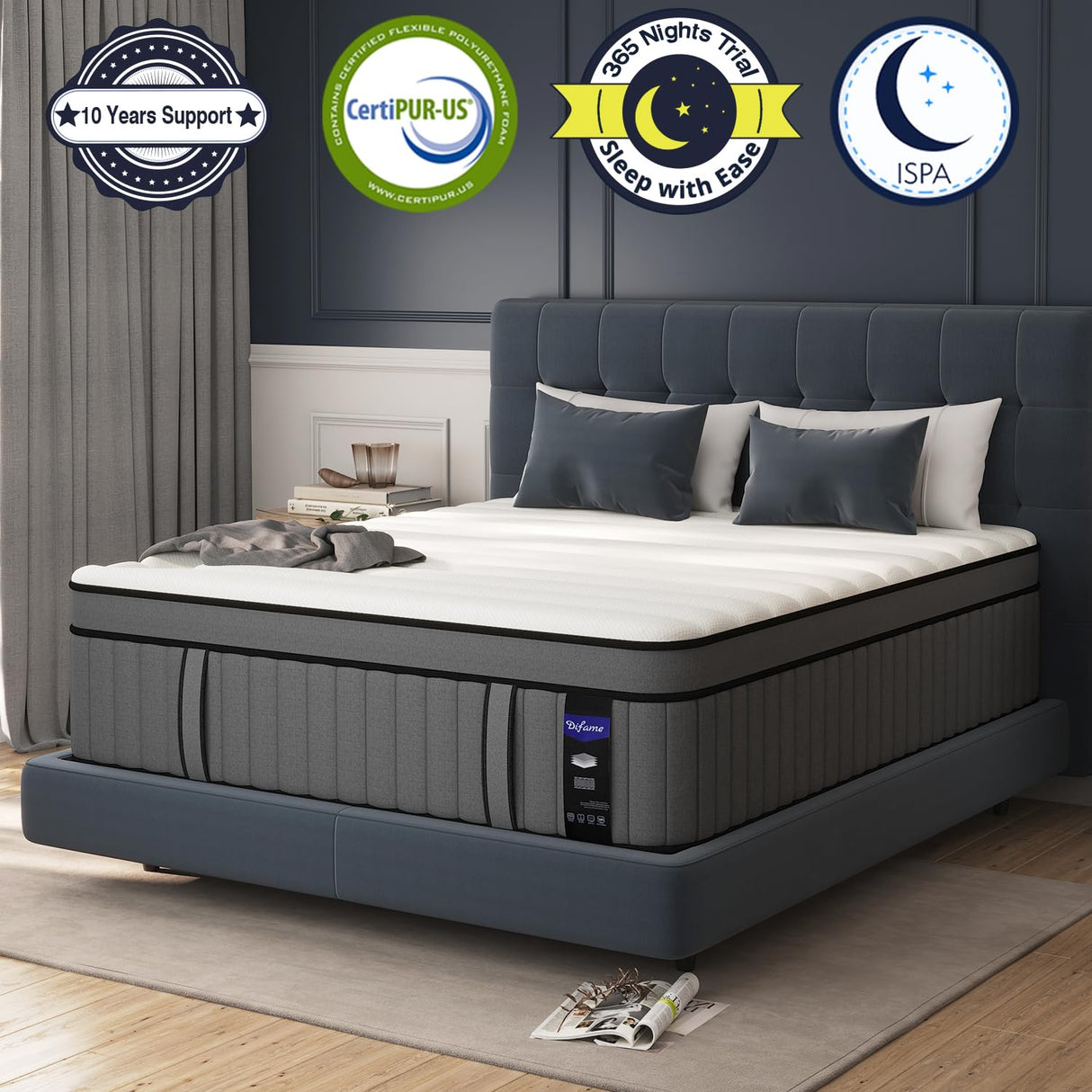 DIFAME King Size Mattress, 14 inch Cooling Gel Hybrid King Mattress in a Box with Memory Foam & Pocket Springs, Extra Edge Support, Pain Relie, Fiberglass Free, 365-Night Trial, CertiPUR-US DIFAME