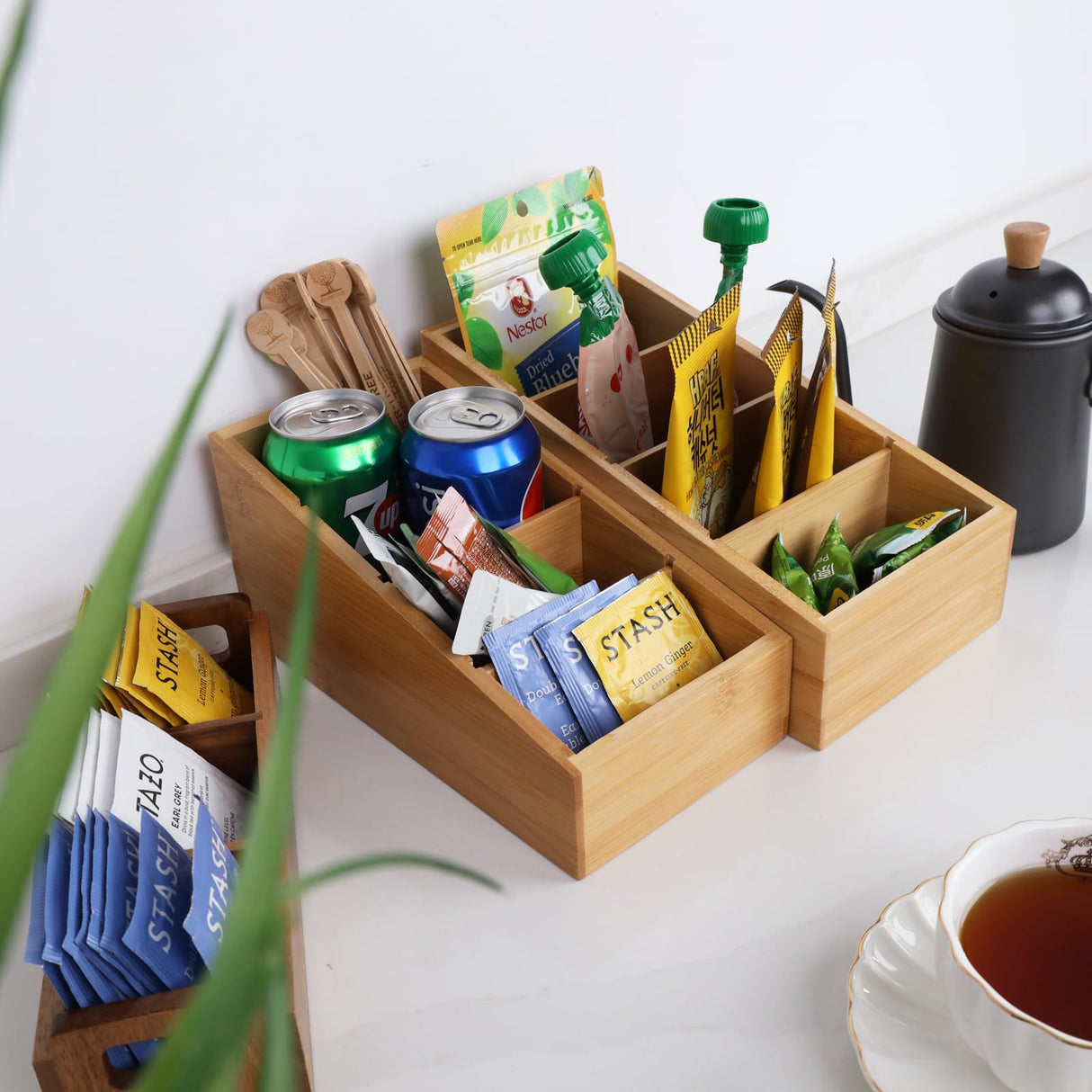 HTB 4-Section Snack Organizer with Removable Dividers for Kitchen, Cabinet, Office, Countertop, 2 Pack Bamboo Pantry Storage Organization for Spice Packets, Seasoning Pouches, Coffee Pods HTB