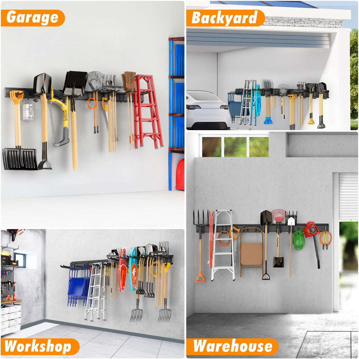 Housolution Heavy Duty Garden Tool Organizer 64 Inch - 18Pack Carries 570 lbs, Garage Tool Organizer Storage System, 4 Rails with 12 Adjustable Hooks, Tool Holder Wall Mount for Warehouse, Workshop Housolution