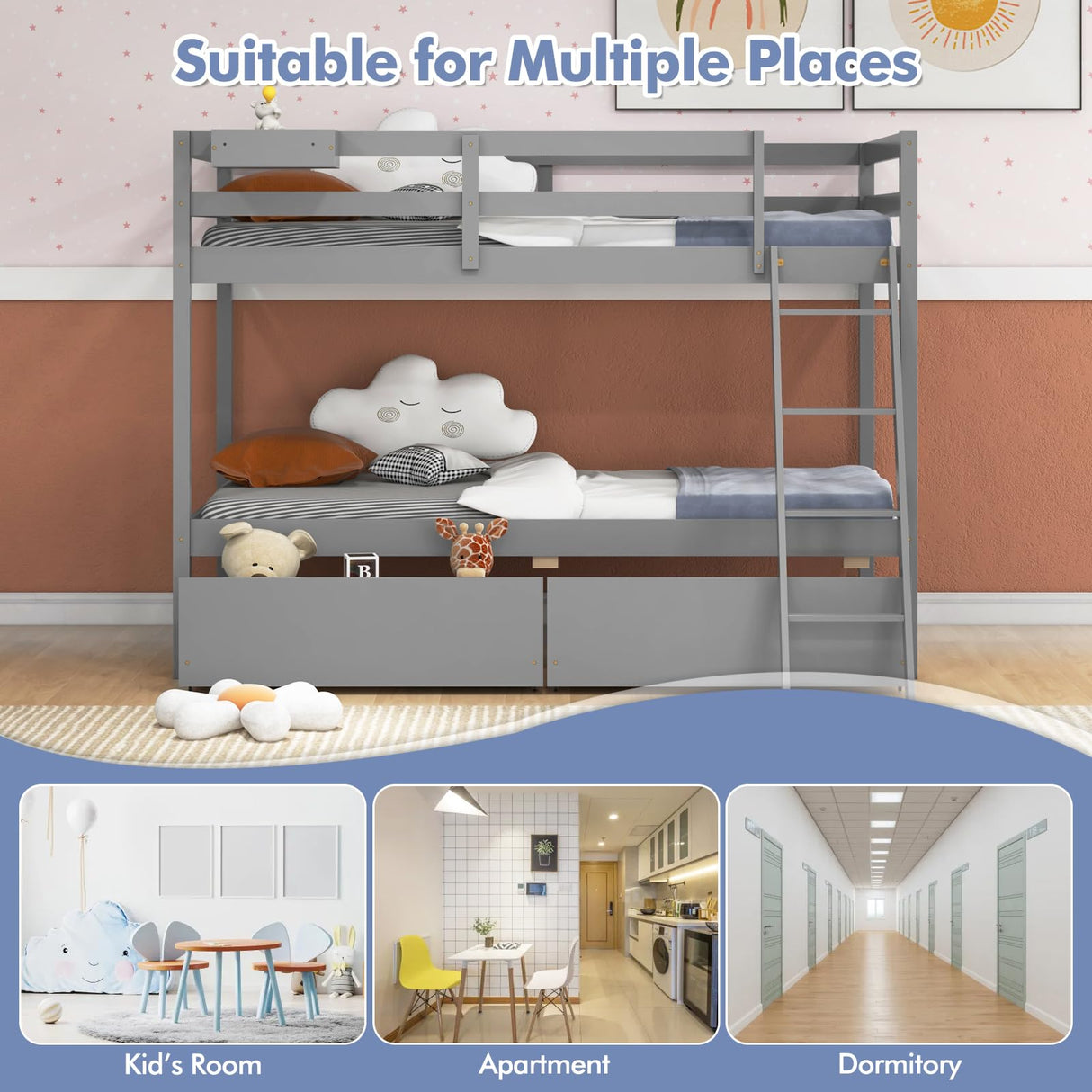 KOTEK Twin Over Twin Bunk Bed with Storage Drawers and Guardrails in Grey KOTEK