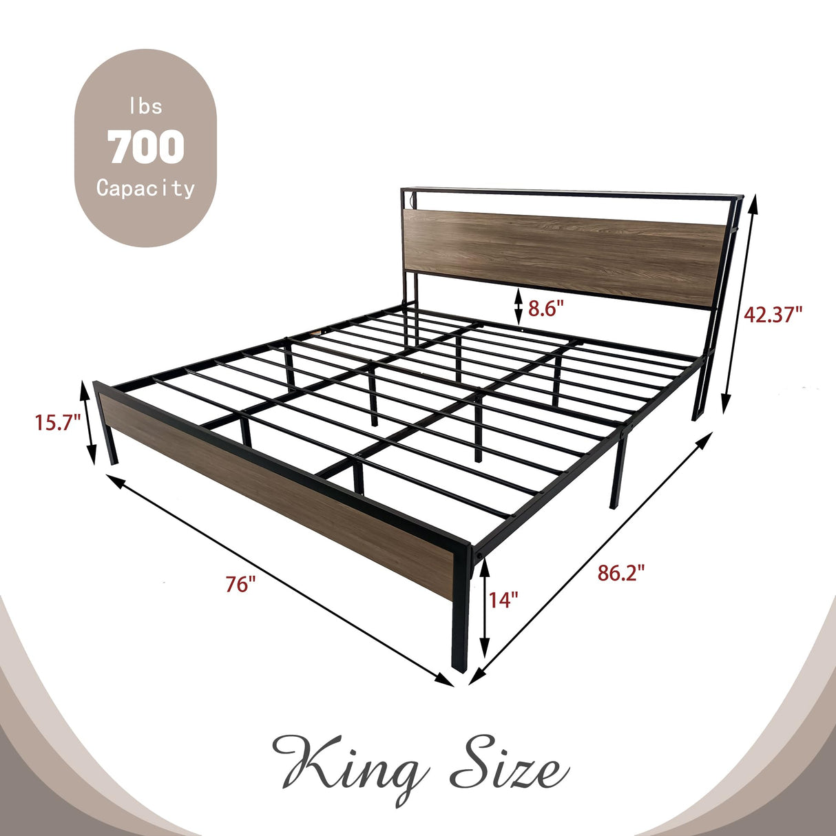Tuconia Grey King Bed Frame with LED Lights, Storage Headboard & Built-In Charging Station Tuconia